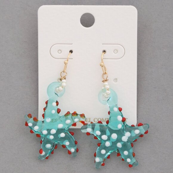 Blue and Gold Starfish Earrings with Unique Texture - Picture 2 of 3